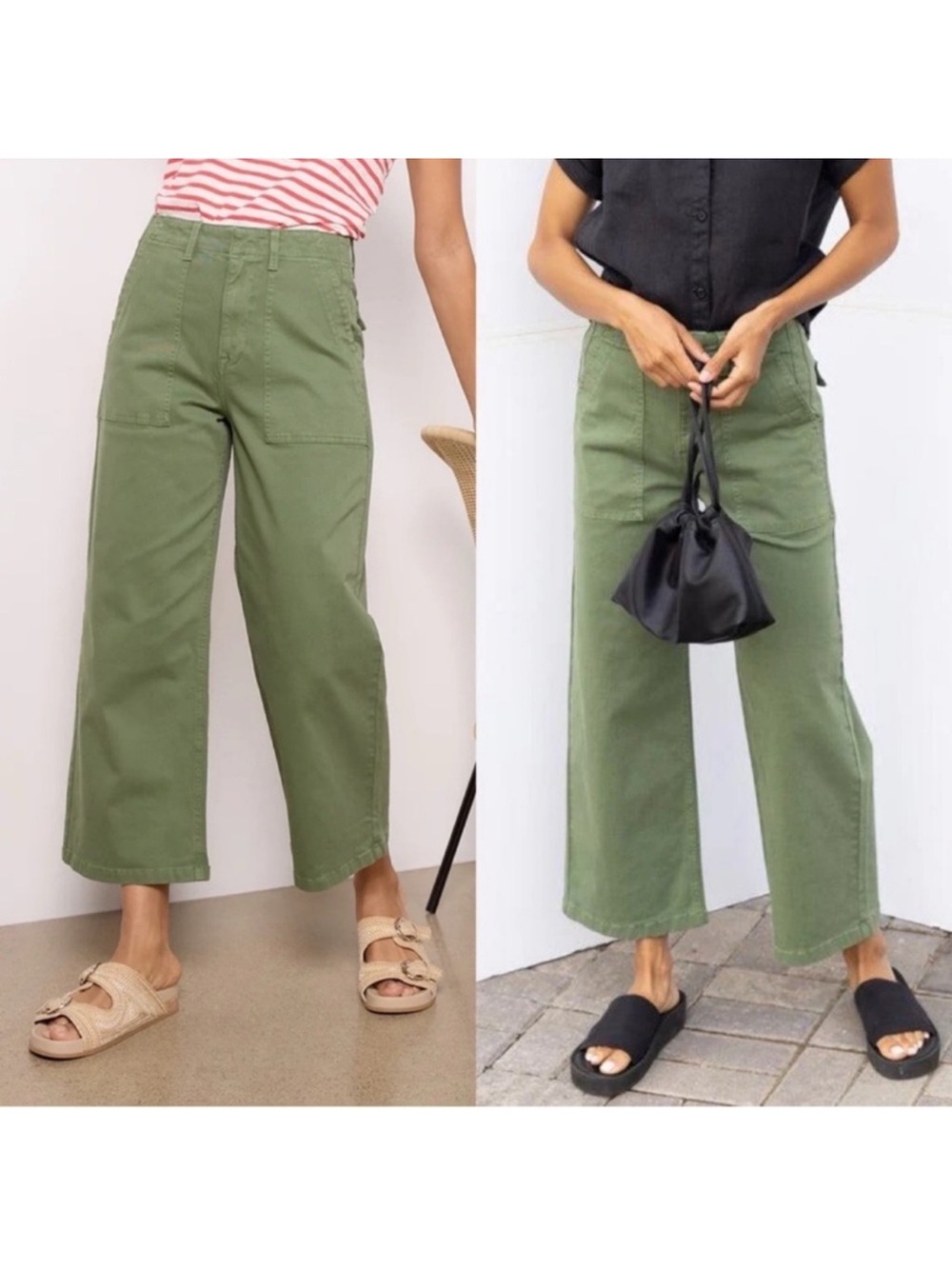 Evereve Pistola Sophia Basil Green Cargo Crop Wide Pants